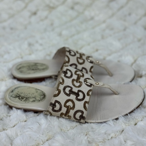 Gucci Horsebit Cream and Brown Sandals with Ornate Design Size 7 - Picture 5 of 9